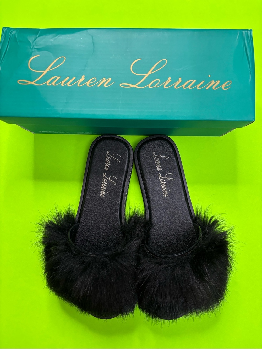Lauren Lorraine Black Faux Fur Slide Slippers